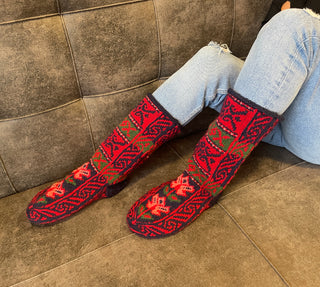 Mukluk Style Red & Black with pink Womens Long Slipper Socks