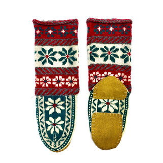 Sparkly Red, dark green and cream Long Slipper Socks - suede