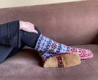 Maroon, Tan, Blue, and White Long Slipper Socks