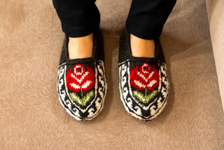 Black, Red Rose, Light Green Pedals, White design Slipper Socks