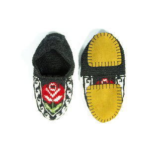Black, Red Rose, Light Green Pedals, White design Slipper Socks