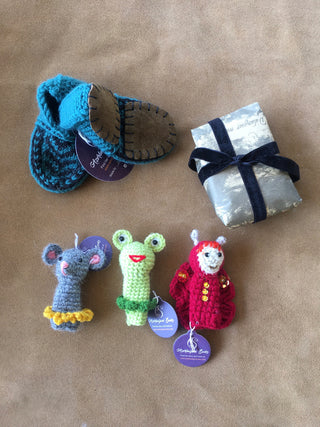 Baby Booties + 3 Finger Puppets = Baby Gift Set