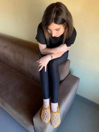 Mustard and White Slippers Socks - No Suede