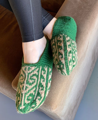 Green and Tan Slipper Socks - No Suede