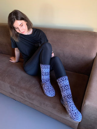 Blue and White Womens Long Slipper Socks