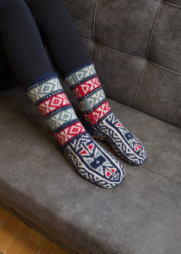 Navy, Green, and Red Mens Long Slippers Socks