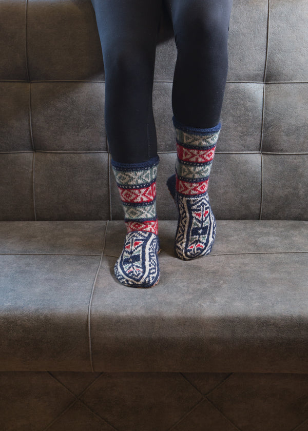 Navy, Green, and Red Mens Long Slippers Socks