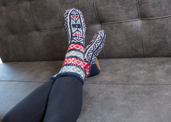 Navy, Green, and Red Mens Long Slippers Socks