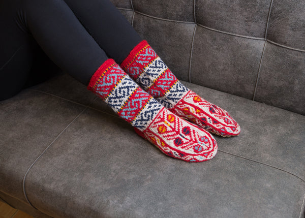 Red, Tan, Navy, Aqua and Mustard Flecks, Long Slipper Socks