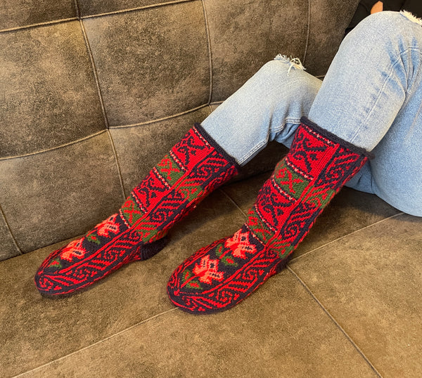 Mukluk Style Red & Black with pink Womens Long Slipper Socks