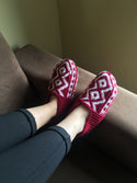 Maroon and White Slipper Socks - No Suede