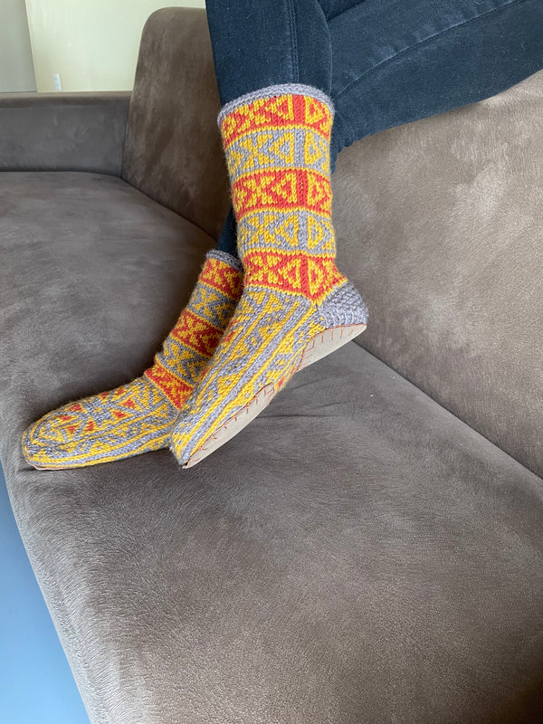 Orange, Mustard, Brown Long Slipper Socks - Suede
