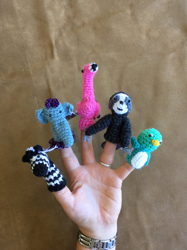 Zoo Finger Puppets. Set of 5: Flamingo, Elephant, Sloth, Penguin, Zebra.