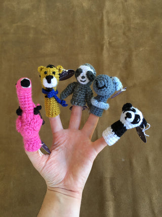Zoo Finger Puppets. Set of 5: Flamingo, Tiger, Sloth, Hippo, Panda.