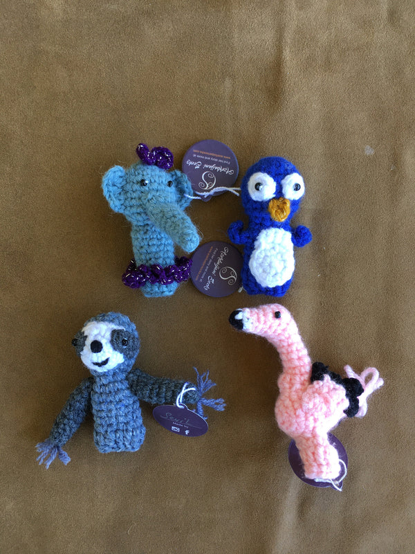 Zoo Finger Puppets. Set of 4: Elephant, Sloth, Penguin, Flamingo.