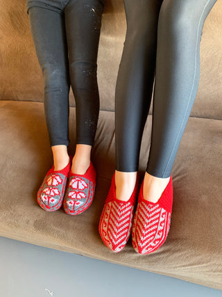Red and Gray Chevron Slipper Socks