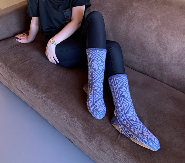 Blue & Light Gray Womens Long Slipper Socks